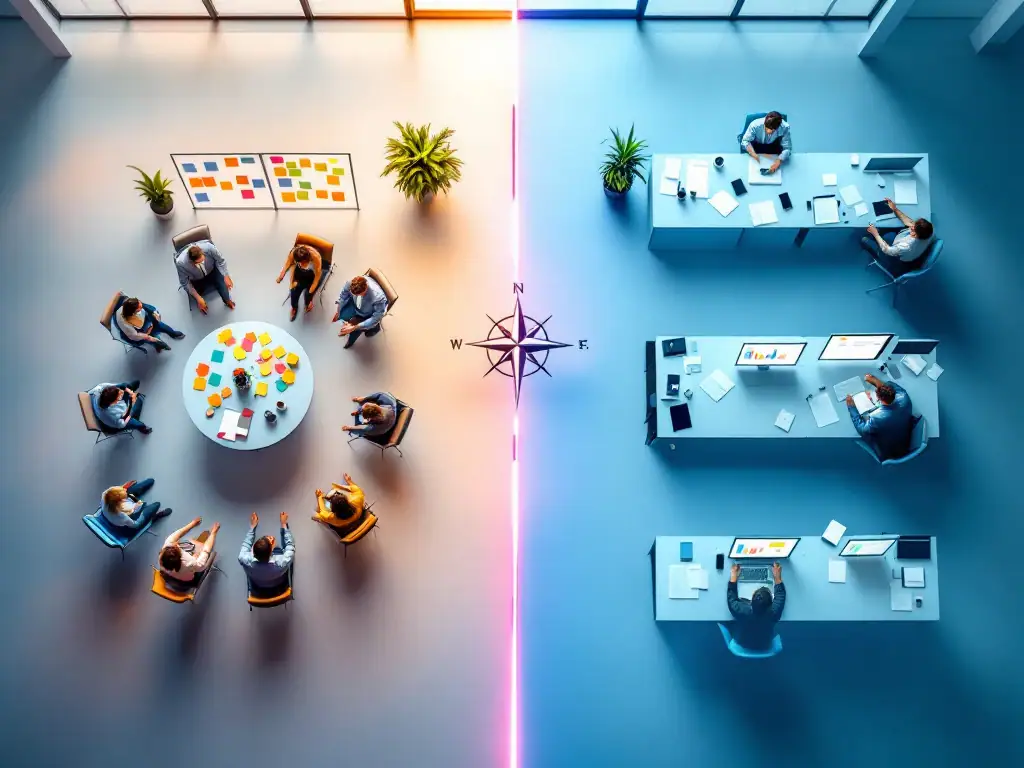 Bovenaanzicht kantoor met contrasterende werkruimtes: samenwerkende Agile-omgeving met ronde bureaus versus gestructureerde PRINCE2 met lineaire opstelling