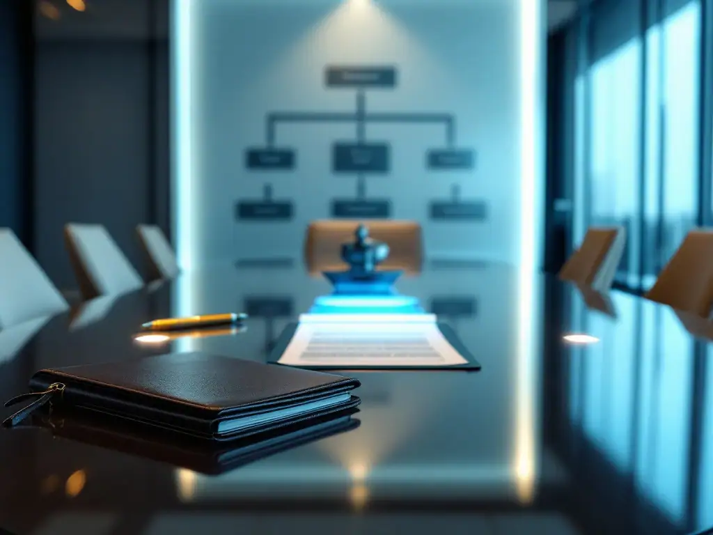 Moderne vergaderruimte met ovale tafel, drie verlichte posities en leren portfolio bij sponsorplaats. Projecthiërarchie op glazen wand en symbolische brugsculptuur.