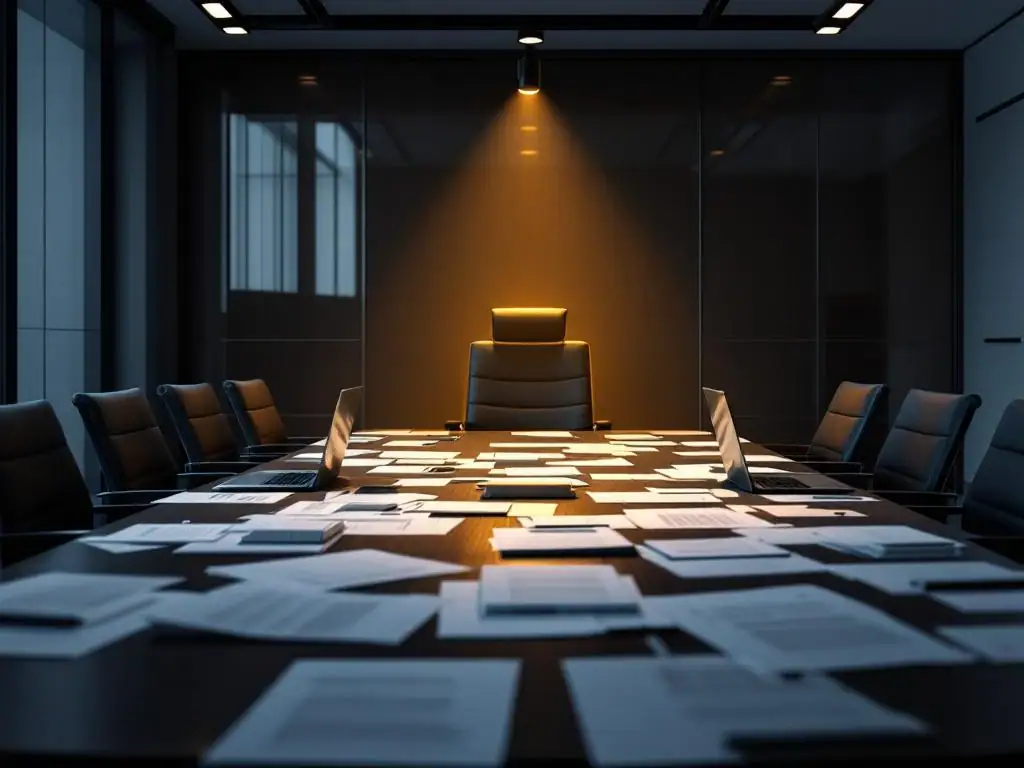 Lege bestuurskamer met verlichte stoel aan het hoofd van vergadertafel, verspreide documenten en gesloten laptops