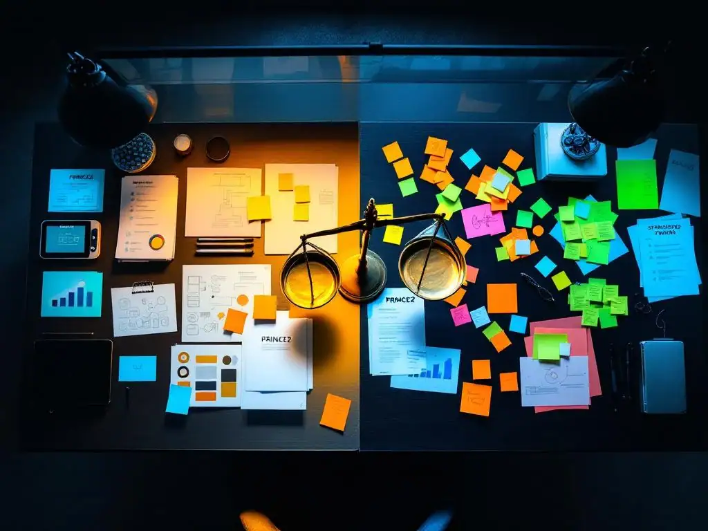 Moderne kantoorbureau met PRINCE2 methodologie documenten links en agile startup elementen rechts, weegschaal in het midden