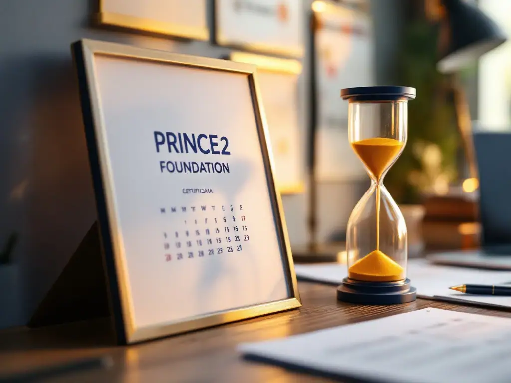 PRINCE2 Foundation certificaat op een professioneel bureau, naast een gouden zandloper. Kalender met rode markeringen, laptop en projectmaterialen op de achtergrond.