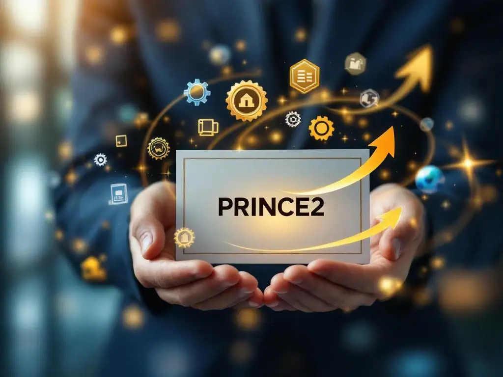 Professionele handen houden PRINCE2 certificaat vast met zwevende certificeringsbadges en projectmanagement symbolen