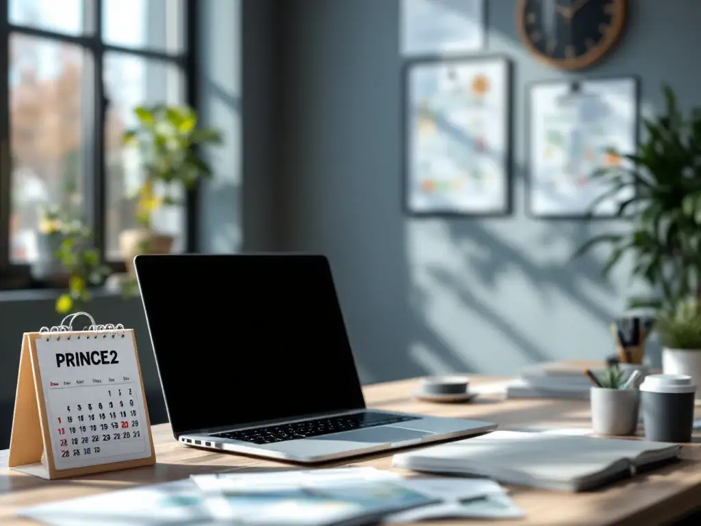 Professioneel bureau met vervaagd en nieuw PRINCE2 certificaat, projectmappen, laptop en kalender met vernieuwingsdatum in zakelijke blauwtinten.