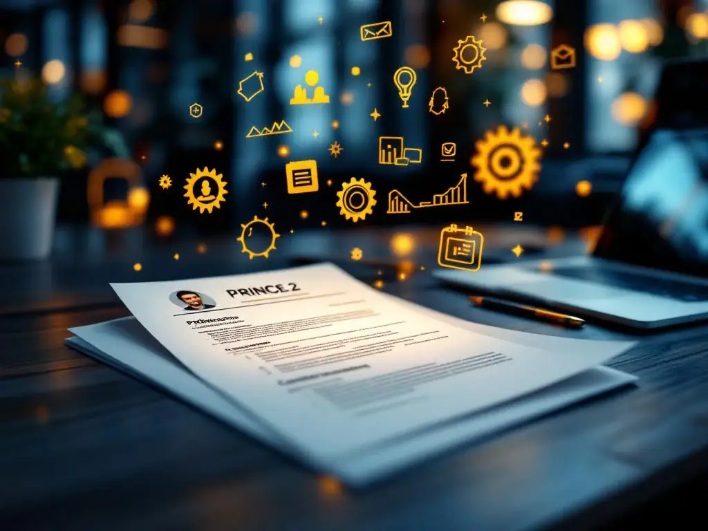 PRINCE2-gecertificeerd cv op bureau met gouden projectmanagement iconen en laptop op achtergrond