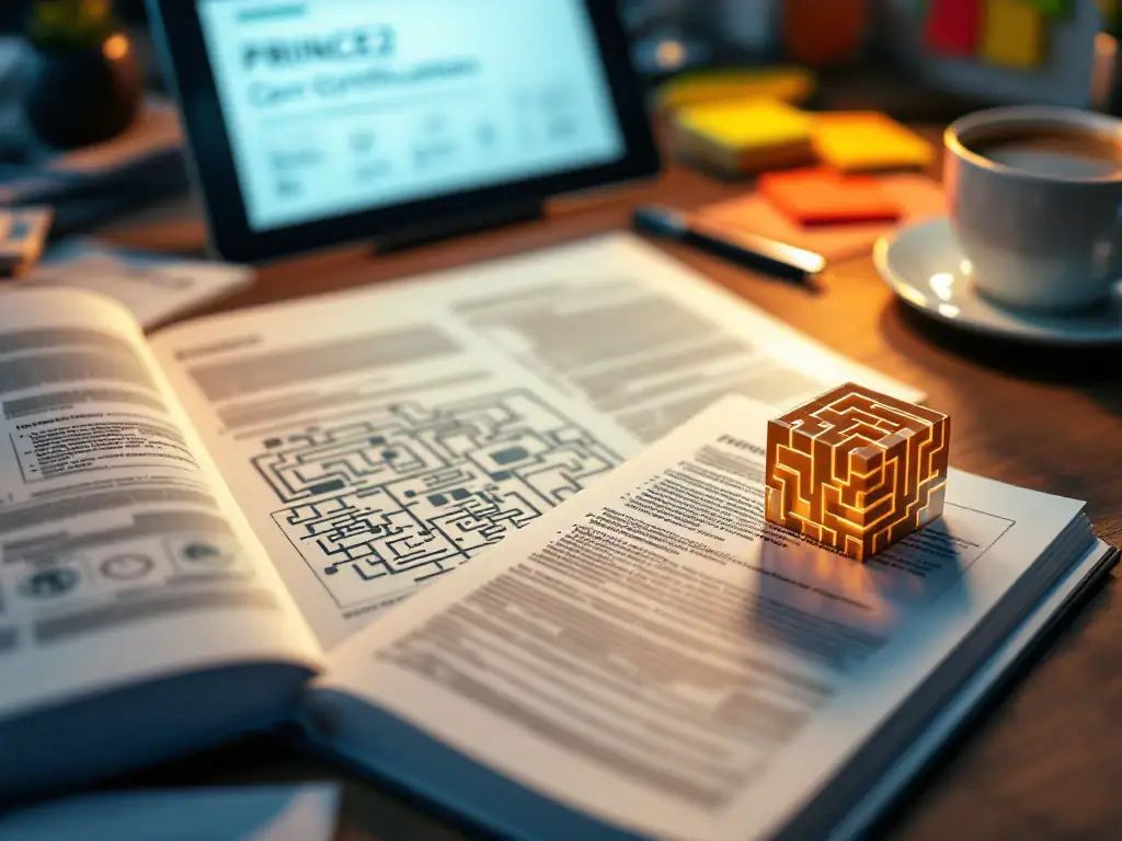 Professionele werkplek met PRINCE2 handleiding, tablet met oefenexamen en doolhof presse-papier als metafoor voor complexiteit in een studieomgeving.