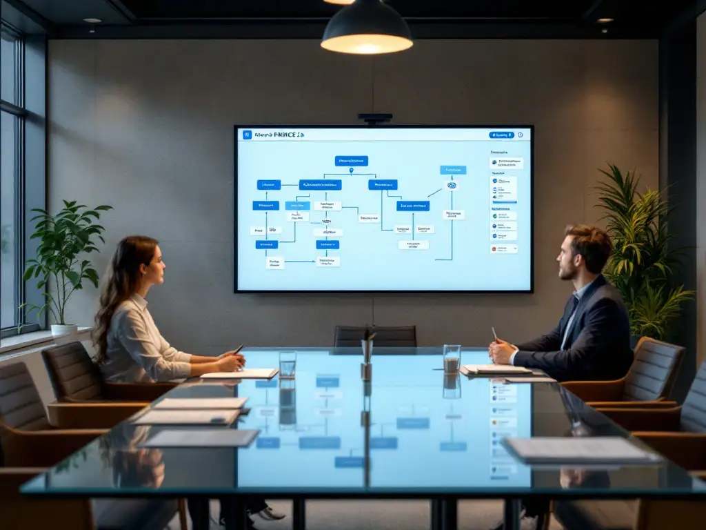 Modern vergaderlokaal met PRINCE2-projectboard, georganiseerde documenten en interactief scherm met communicatieflowchart.