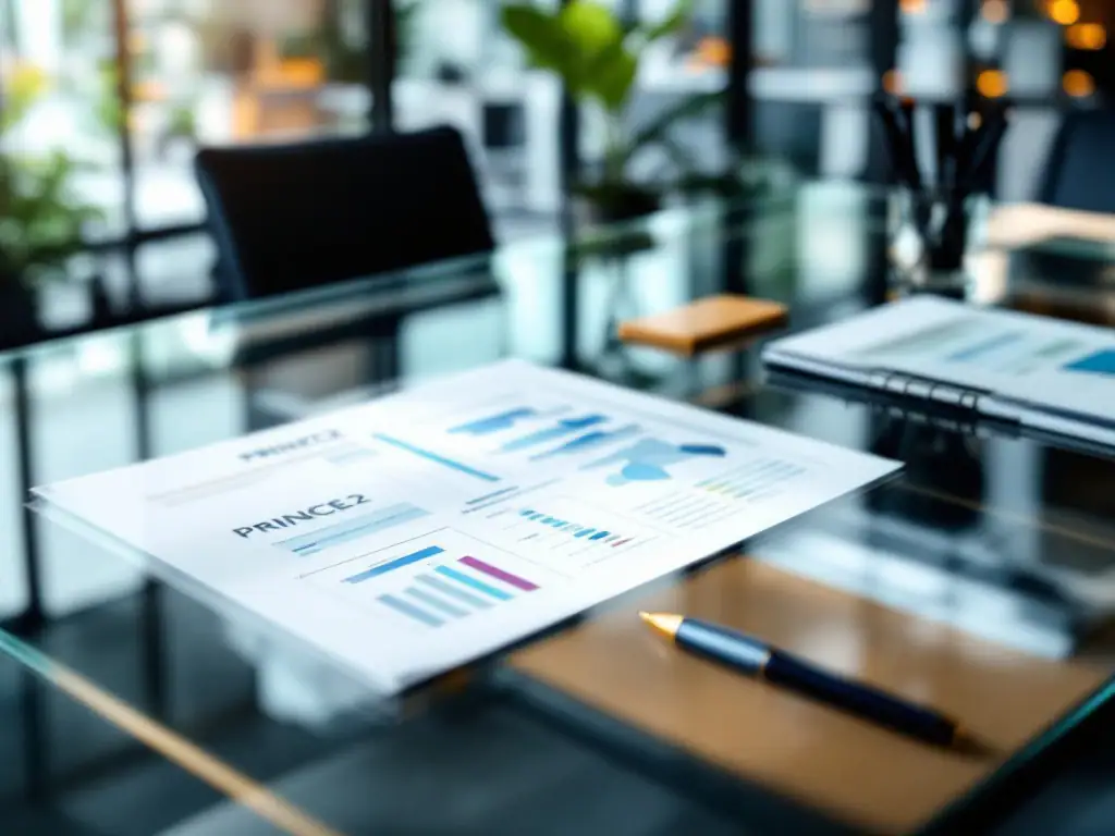 Professioneel georganiseerde PRINCE2 documentatie op een glazen bureau met gekleurde projectmappen, organisatieschema en Gantt-chart in een modern kantoor.