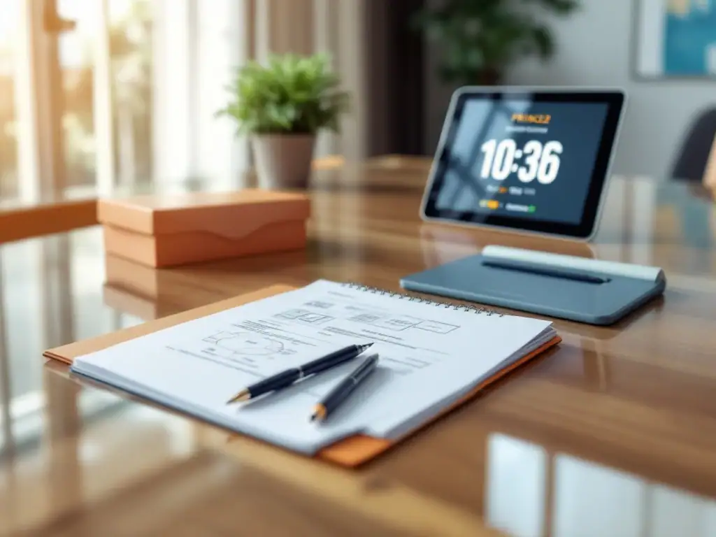 PRINCE2 examenvoorbereidingsruimte op houten bureau met examenbundel, certificaatenvelop, notitieblok met diagrammen en tablet met timer in modern kantoor.