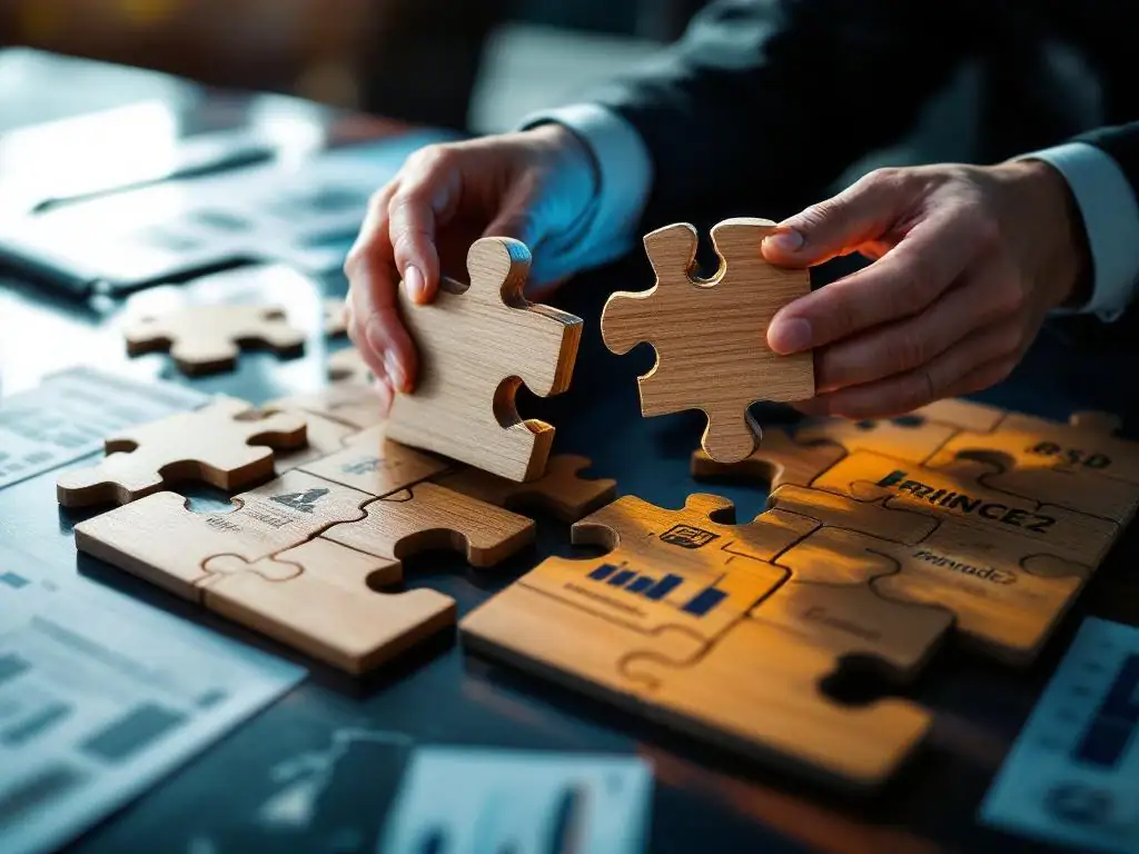 Zakenman houdt kapot PRINCE2 puzzelstukje dat niet past in bedrijfspuzzel op vergadertafel met projectdocumenten