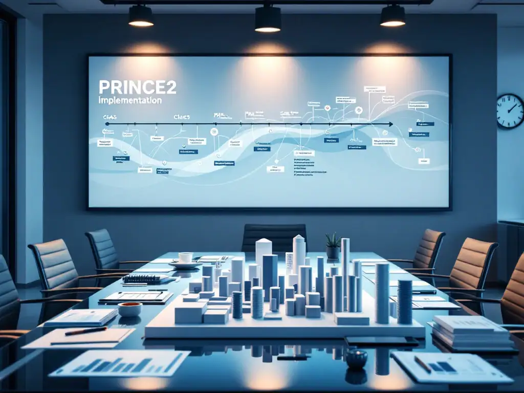 Moderne vergaderruimte met PRINCE2-implementatietijdlijn op wanddisplay, 3D-projectmodel en digitale planningstools op glazen tafel.