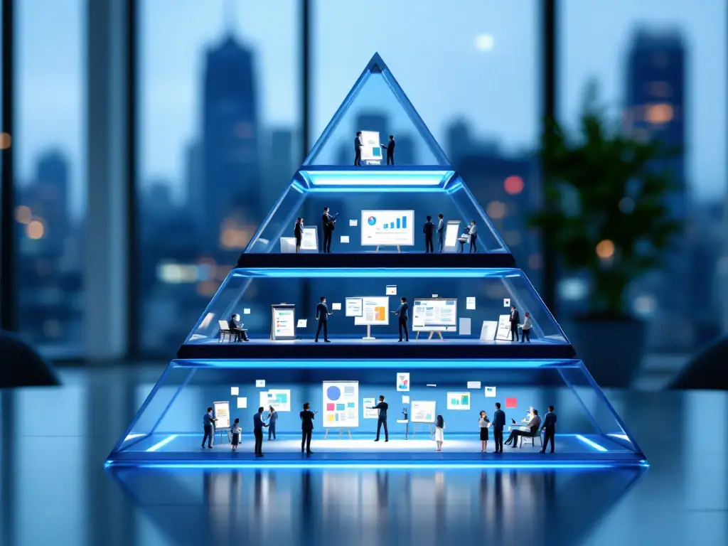 Vierlaagse managementpiramide met toenemende blauwe verlichting die PRINCE2-niveaus symboliseert in een moderne kantooromgeving met stadsskyline
