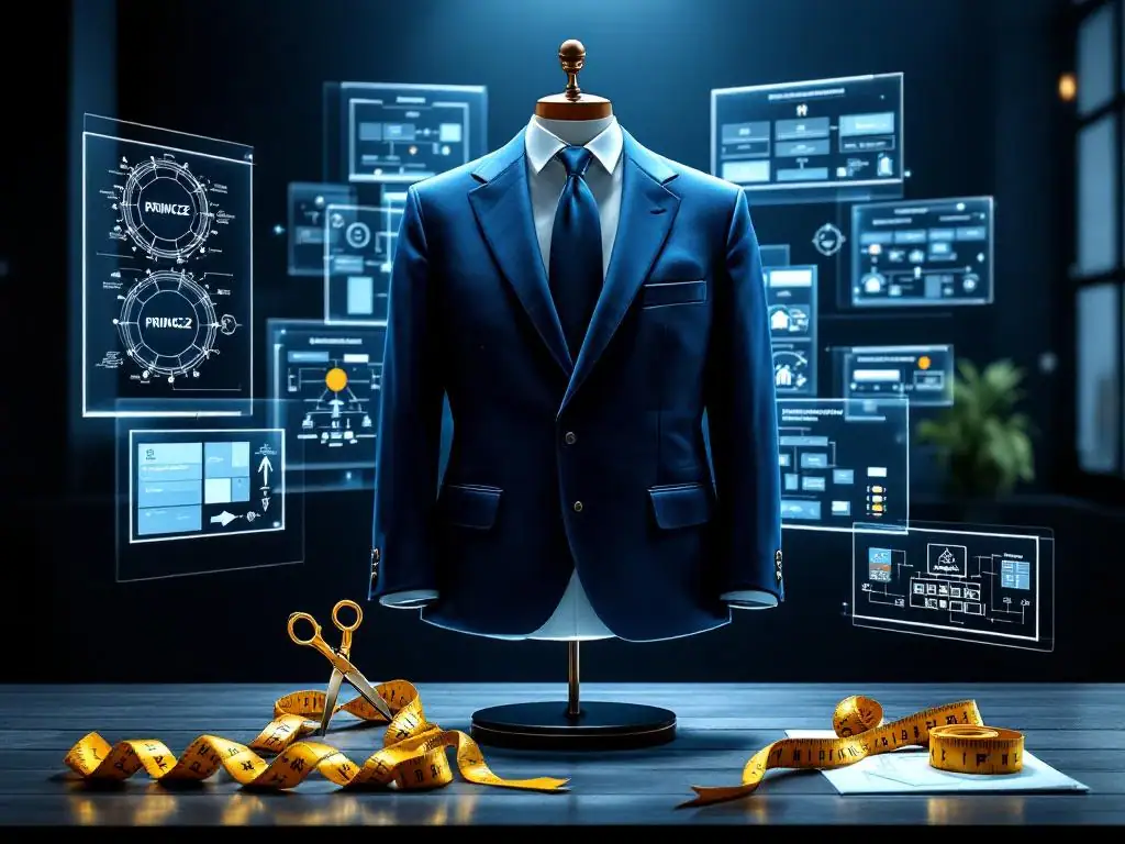 Maatpak op standaard met holografische PRINCE2 diagrammen, gouden schaar en meetlint in moderne werkruimte