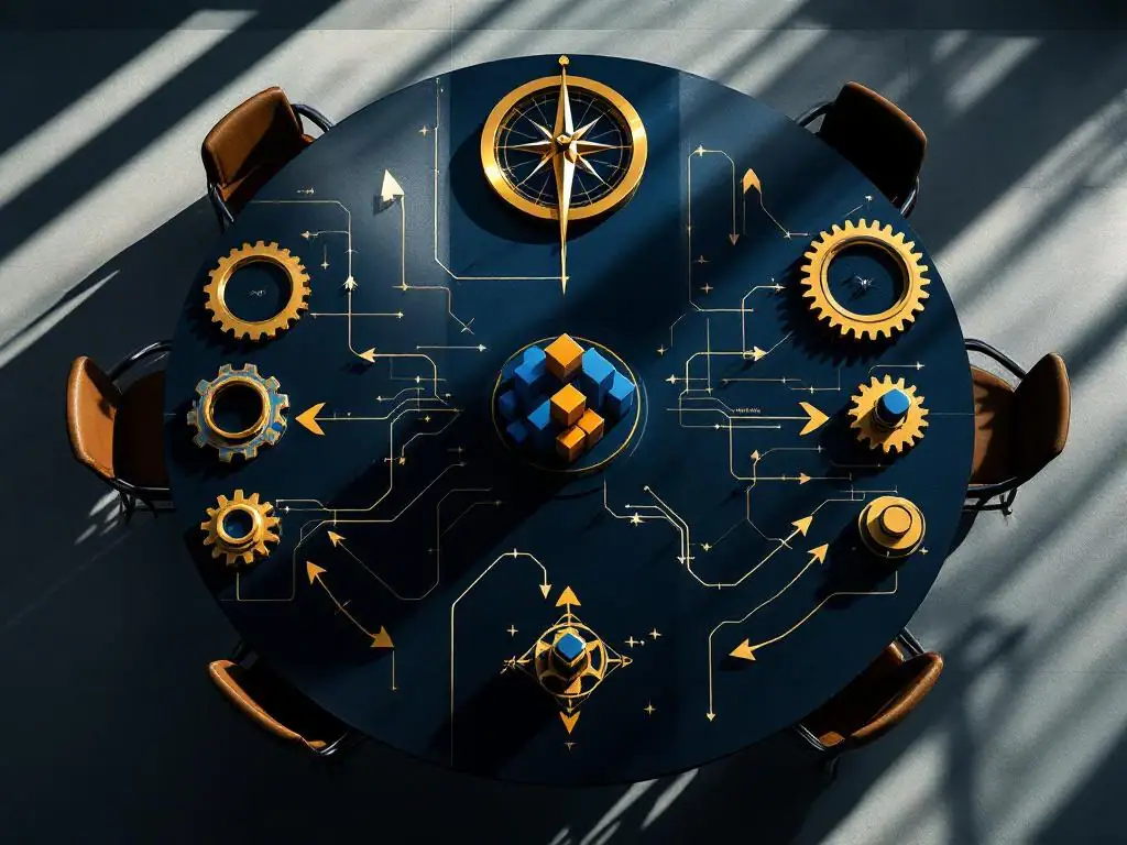 Moderne bestuurskamertafel met PRINCE2 projectmanagement elementen: kompas, tandwielen, bouwblokken en pijlen in navy en goud