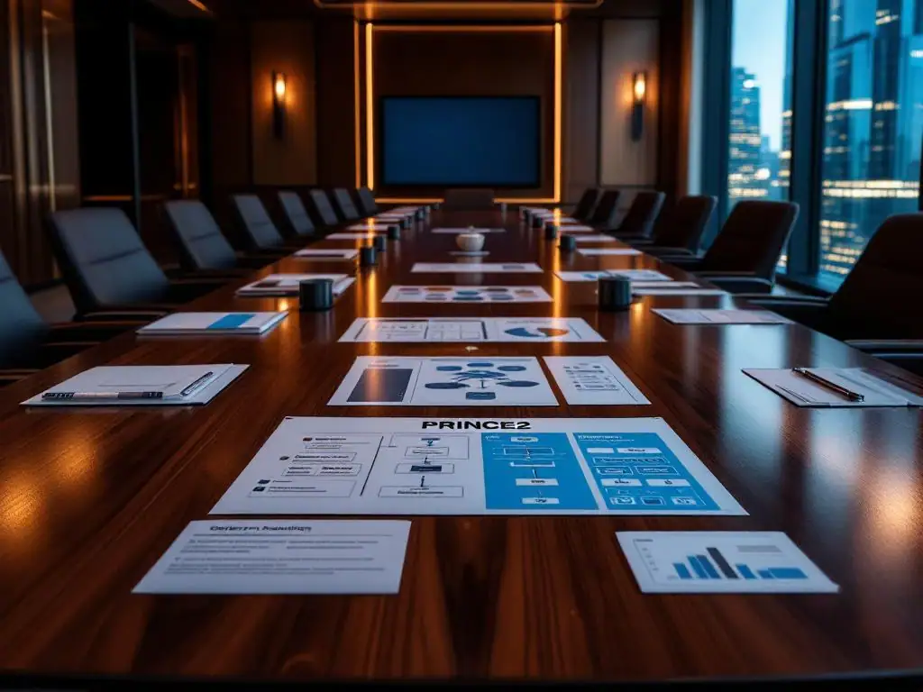 Bestuurskamer met PRINCE2 methodologie diagrammen op mahonie tafel, moderne kantoorgebouwen op achtergrond