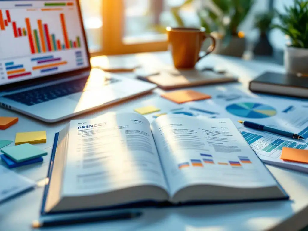 Open PRINCE2 methodologieboek op bureau met laptop met Gantt-grafieken, sticky notes en koffiekop in kantooromgeving