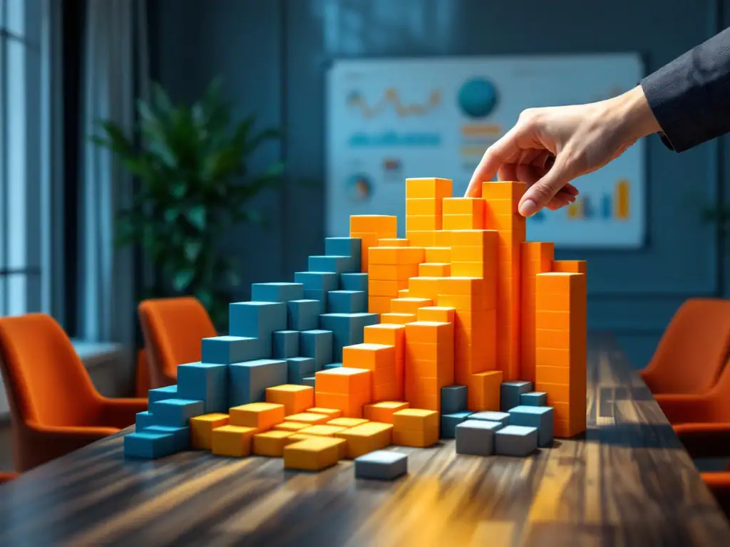 Driedimensionaal doolhof op vergadertafel symboliseert PRINCE2-complexiteit, met zakelijke hand wijzend naar kruispunt en projectmanagementbord op achtergrond.