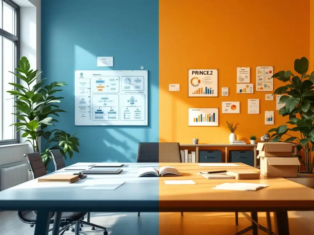 Professionele split-screen van PRINCE2 methodologie documenten overgaand naar non-profit werkruimte met donatiemateriaal