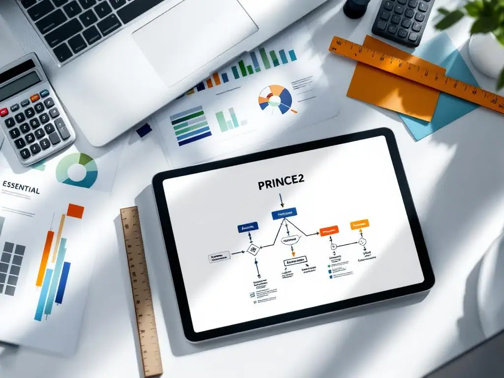 Bovenaanzicht van modern bureau met PRINCE2 projectmanagement documenten, tablet met flowchart en kantoorbenodigdheden