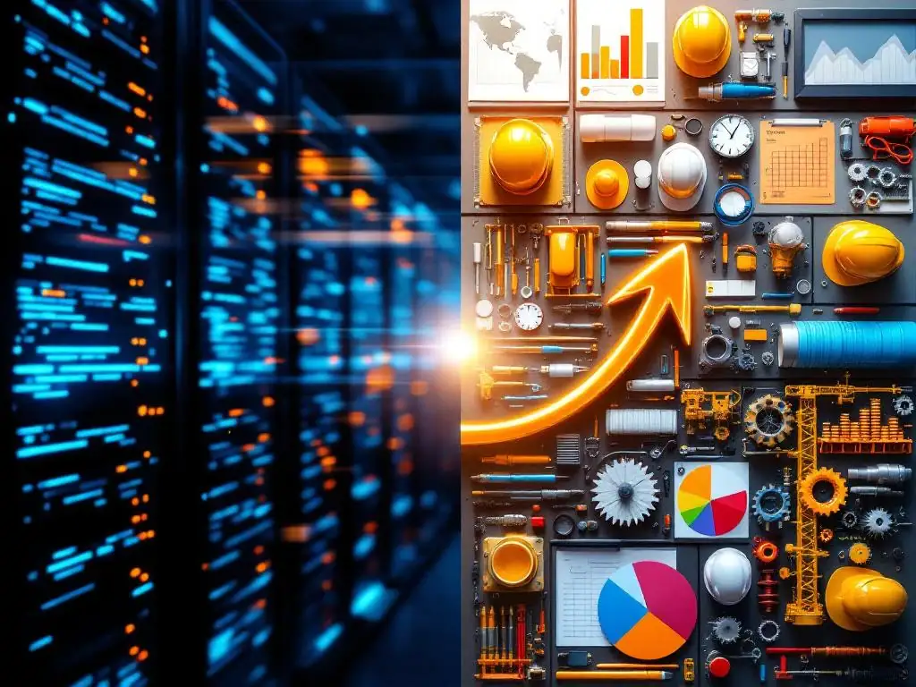 PRINCE2-methodologie uitbreiding van IT naar diverse sectoren: servers, bouw, medisch, financieel en productie verbonden door gouden pijl