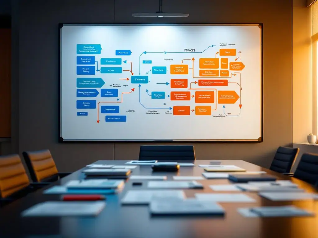 PRINCE2 methodologie diagrammen op whiteboard in professionele boardroom met projectdocumenten op conferentietafel