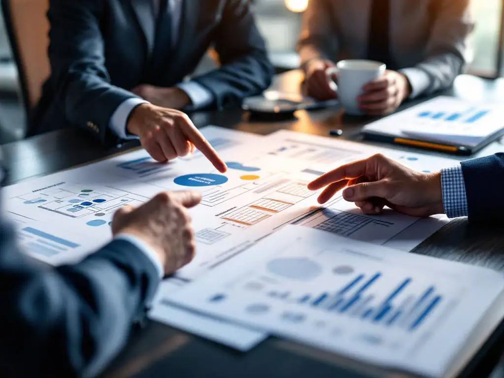 Zakelijke vergadering met handen die wijzen naar PRINCE2 diagrammen en grafieken op moderne conferentietafel