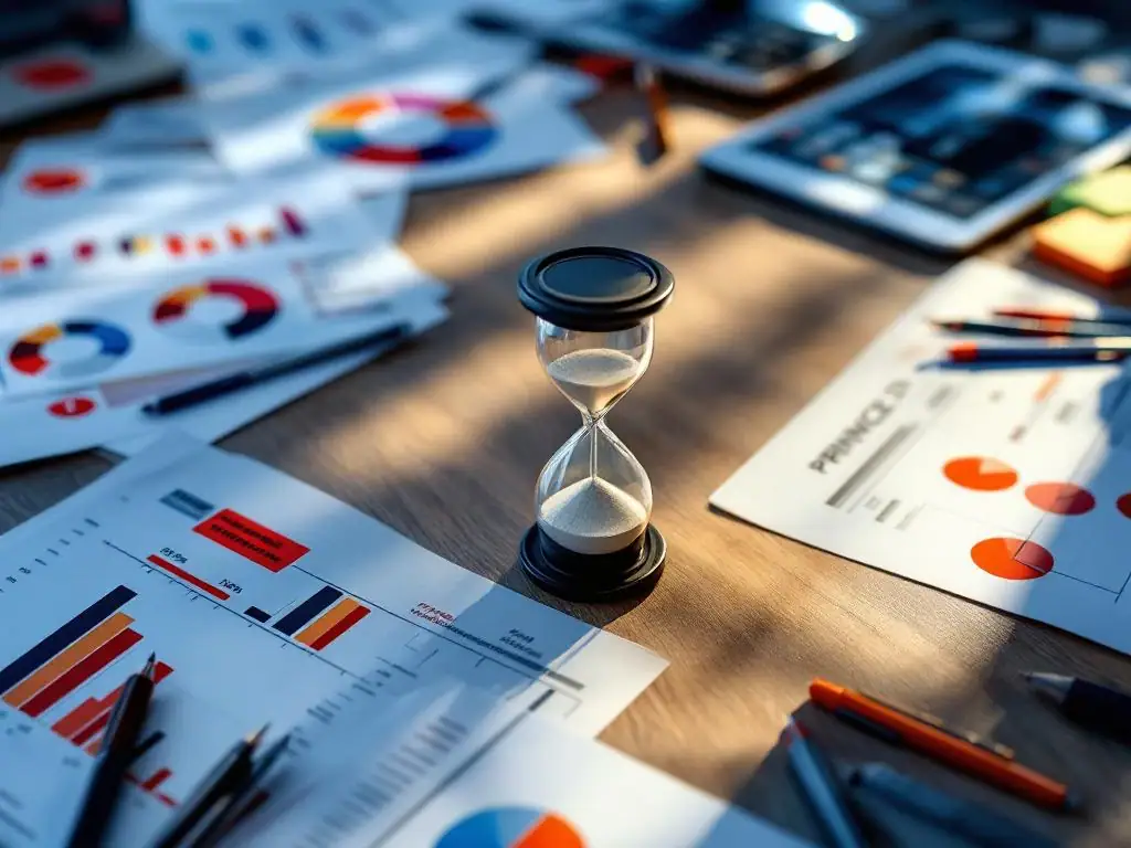 Zandloper op bureau met PRINCE2 documenten, projecttijdlijnen met rode waarschuwingen en vertraagde project dashboard