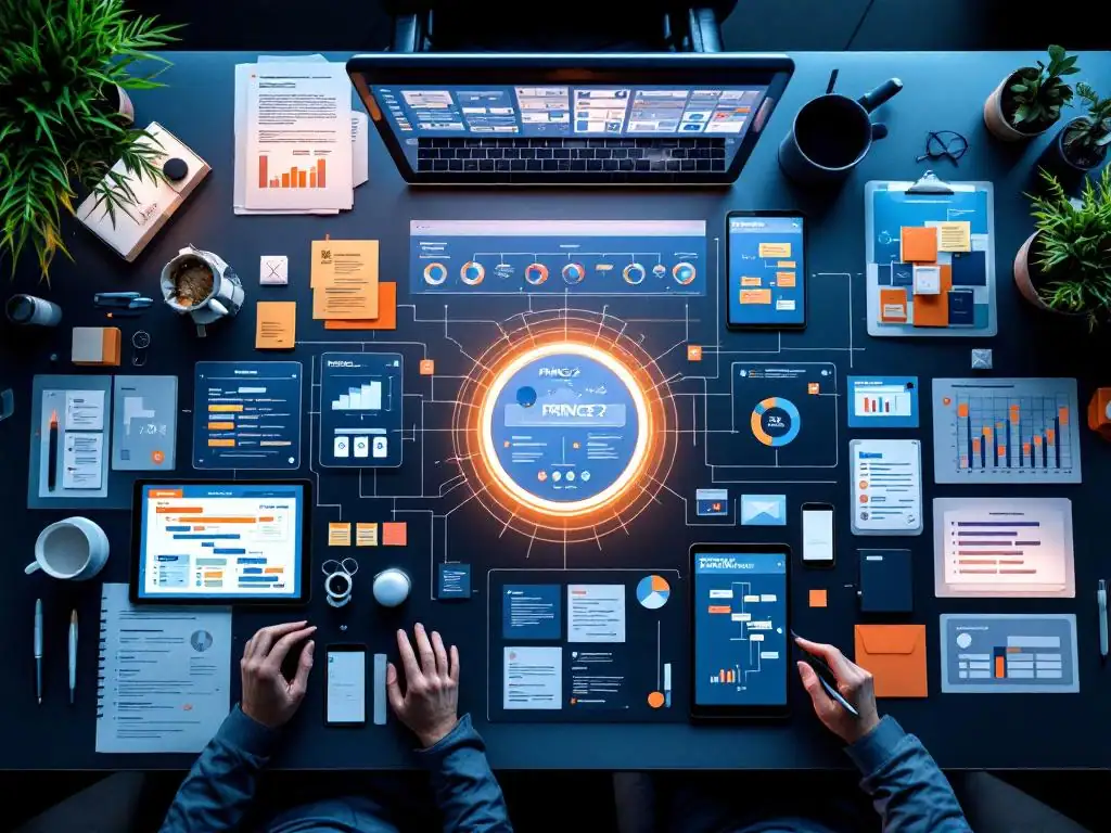 Moderne bureauopstelling met PRINCE2 projecttijdlijnen op tablets, georganiseerde projectborden en dashboard voor projectmanagement