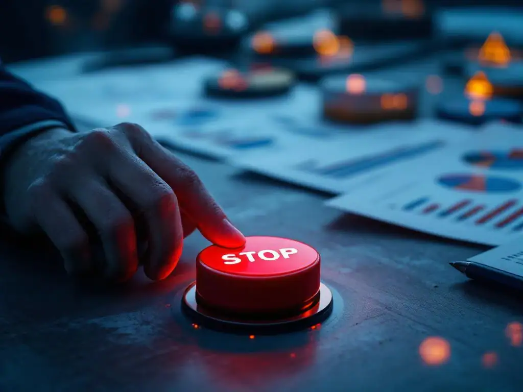 Zakenhand drukt rode noodstopknop in met PRINCE2 projectdocumenten en dalende grafieken op de achtergrond