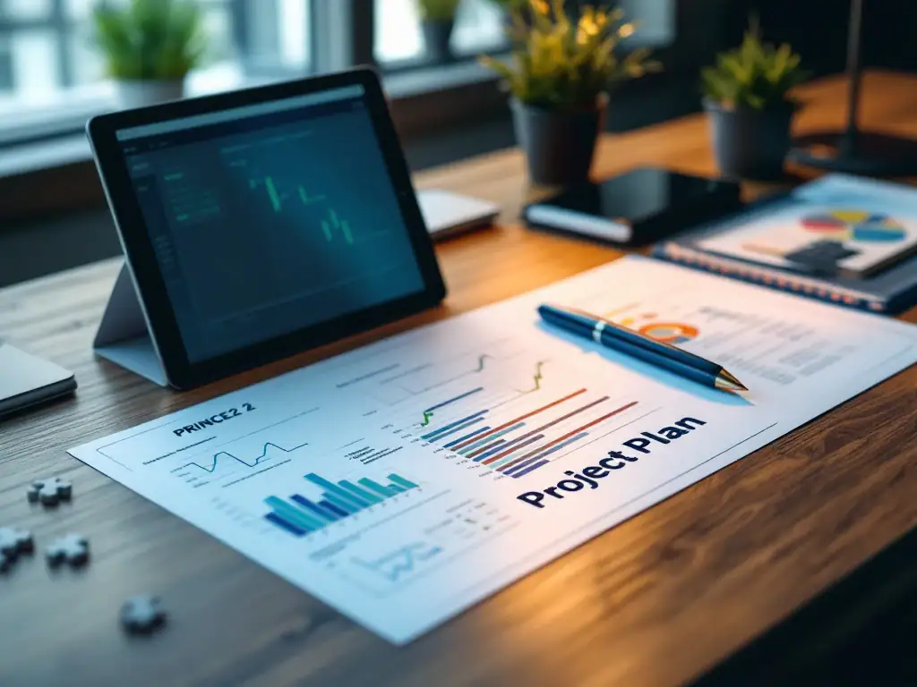Gedetailleerd PRINCE2 projectplan op professioneel bureau met projectmanagement tools: Gantt-chart, kompas, procesdiagrammen en symbolische elementen voor structuur en flexibiliteit.