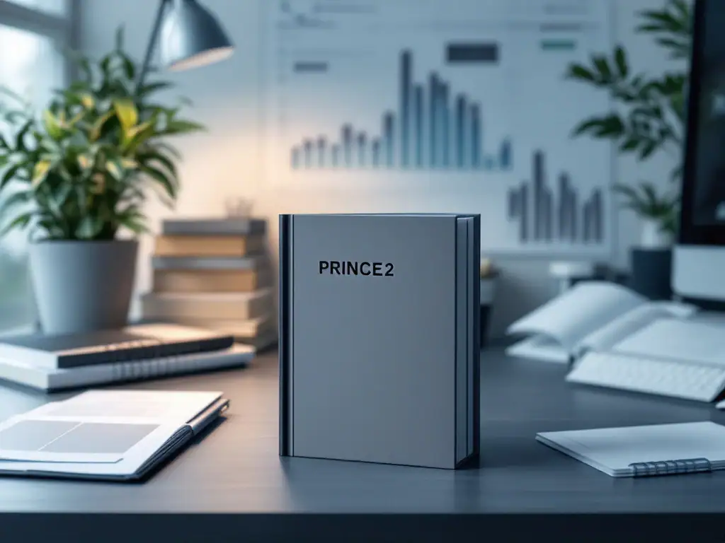 PRINCE2 handboek op minimalistisch bureau met projectdocumenten, een Gantt-chart en projectplan met methodiek-markeringen, tegen een professionele blauwe en grijze achtergrond.