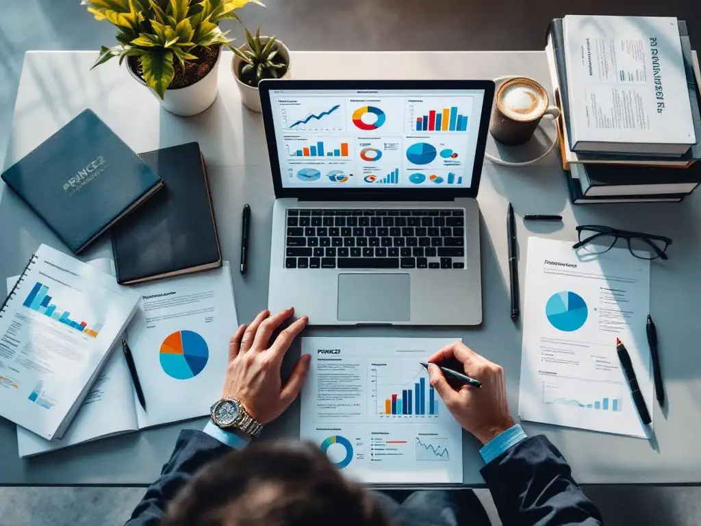 Moderne kantoorwerkplek met laptop die PRINCE2 projectmanagement grafieken toont, omringd door georganiseerde documenten