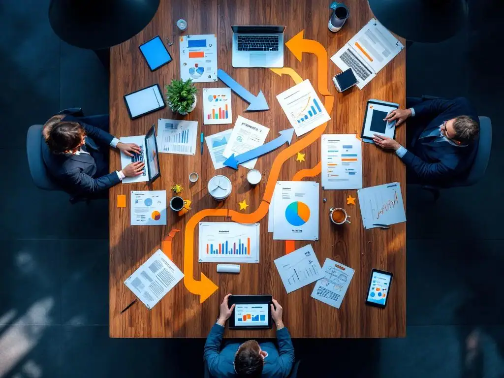 Luchtfoto van moderne vergaderzaal met PRINCE2 projectdocumenten, flowcharts en tijdlijnen op houten tafel