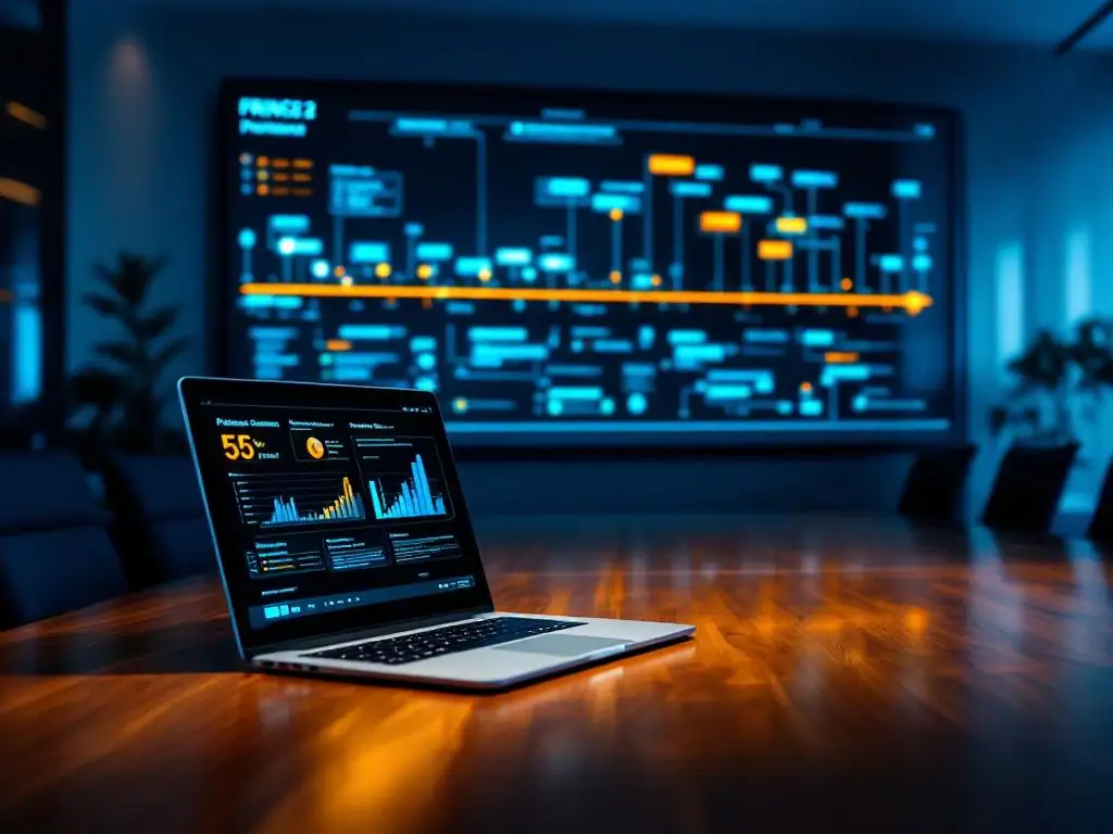 Moderne vergaderruimte met digitale projecttijdlijn op muur en laptop met PRINCE2 dashboards op houten tafel