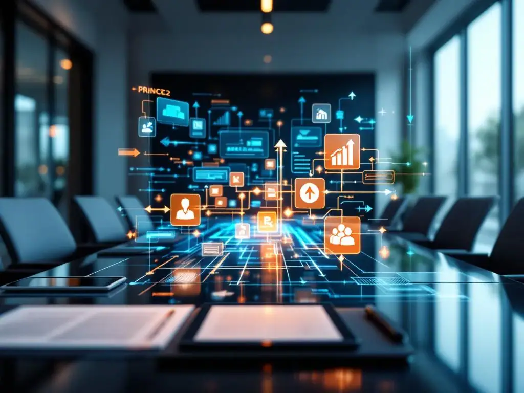 Moderne vergaderruimte met glazen tafel waarop holografische PRINCE2 projectmanagement diagrammen zweven in blauw en oranje