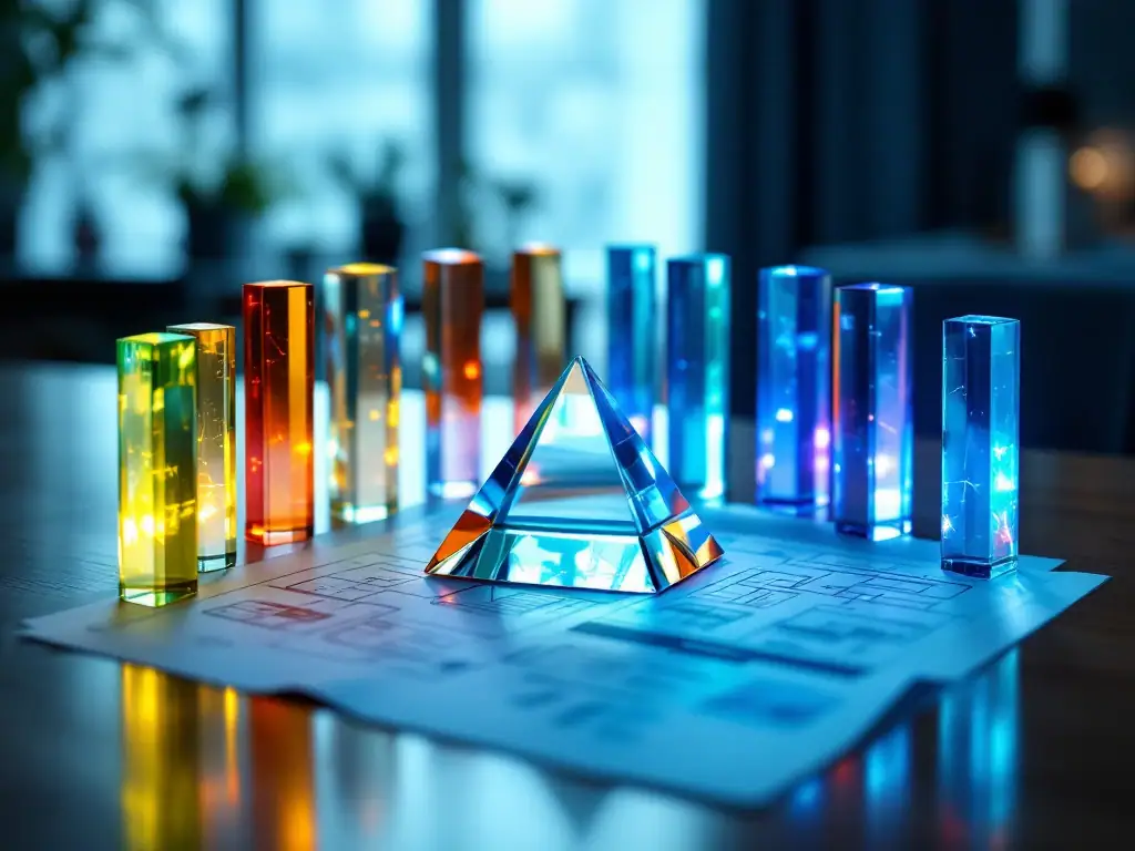 Professionele bureau-opstelling met zeven kristallen pilaren die PRINCE2-principes vertegenwoordigen, projectmanagement blauwdruk en glazen piramide in een moderne kantooromgeving.