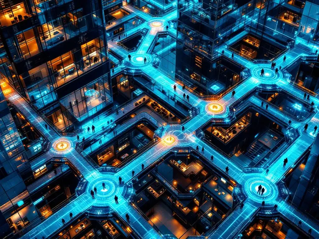 Luchtfoto van teams in modern kantoorgebouw verbonden door digitale workflows en PRINCE2 projectmanagement structuren