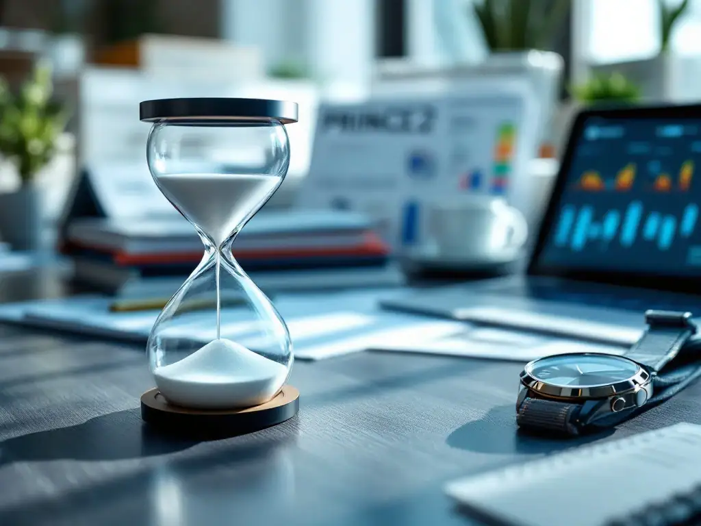 Elegante zandloper op professioneel bureau met PRINCE2-handleiding, certificeringsdocumenten, projectplanning en tablet met dashboard in rustige blauwe werkomgeving.