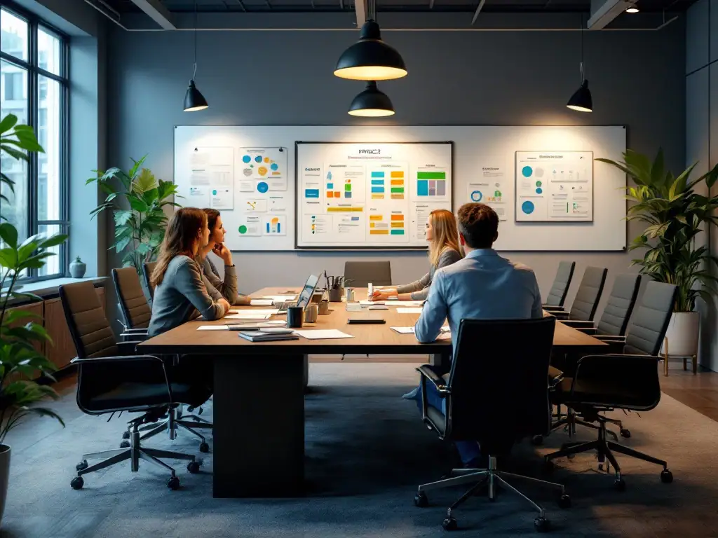 Professionele vergaderruimte voor PRINCE2 projectstart met georganiseerde documenten, planning board en business case map rond een centrale tafel met projectdiagrammen op whiteboards.