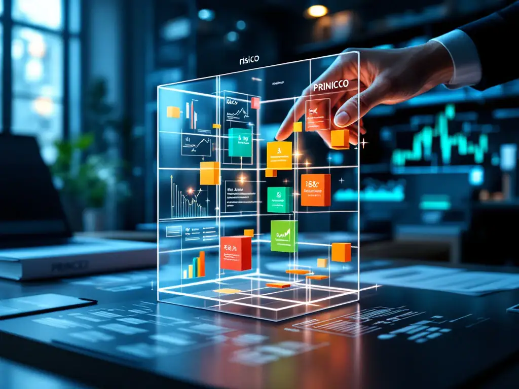 Professionele werkplek met 3D-risicomatrix waar hand naar kritiek punt wijst, PRINCE2-handleiding en projectplanningen op achtergrond.