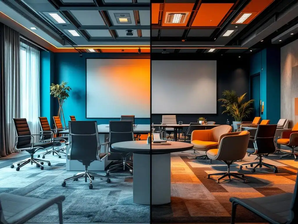 Gesplitst beeld toont moderne boardroom voor bedrijfstraining links en diverse klaslokaal voor open PRINCE2 cursussen rechts