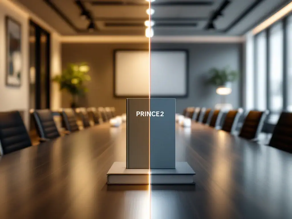 Professionele vergaderruimte met twee trainingssettings: links maatwerk in-company opstelling, rechts open inschrijvingsomgeving, verbonden door een PRINCE2 handboek.