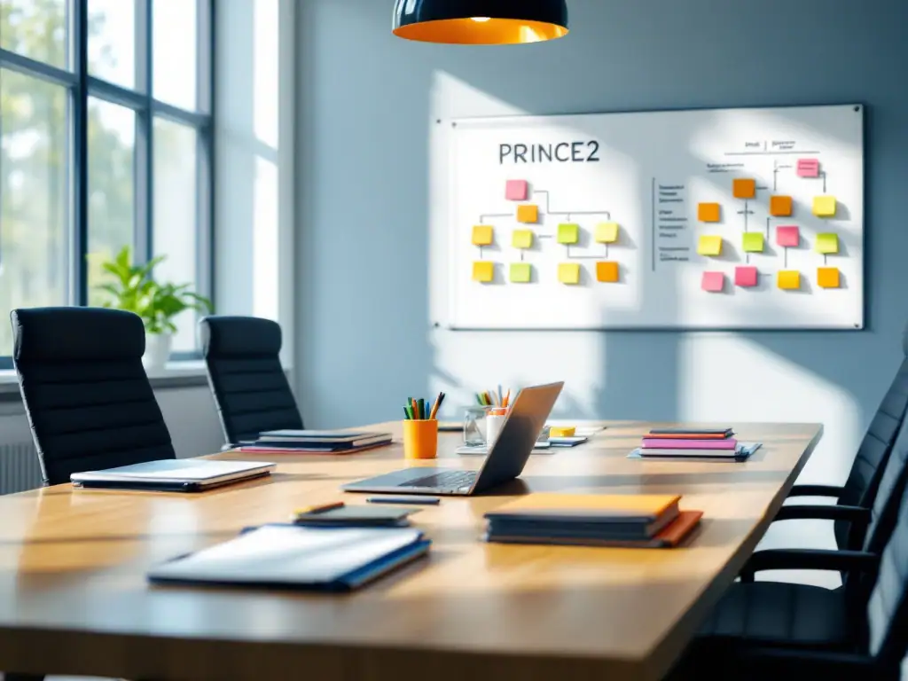 Moderne PRINCE2 trainingszaal met houten tafel, projectmanagementmaterialen, whiteboard met procesdiagrammen en natuurlijk licht in professionele blauwe en grijze tinten.
