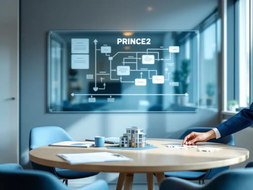 Moderne vergaderruimte met PRINCE2 procesdiagram op glazen wand, projectdocumenten en kantoormodel op tafel, en hand die puzzelstuk plaatst.
