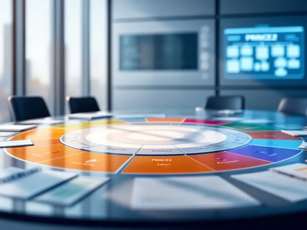 Vergaderzaal met ronde tafel waarop PRINCE2-rollen kleurgecodeerd zijn, met 3D-organisatieschema en projectdocumenten in professionele omgeving.