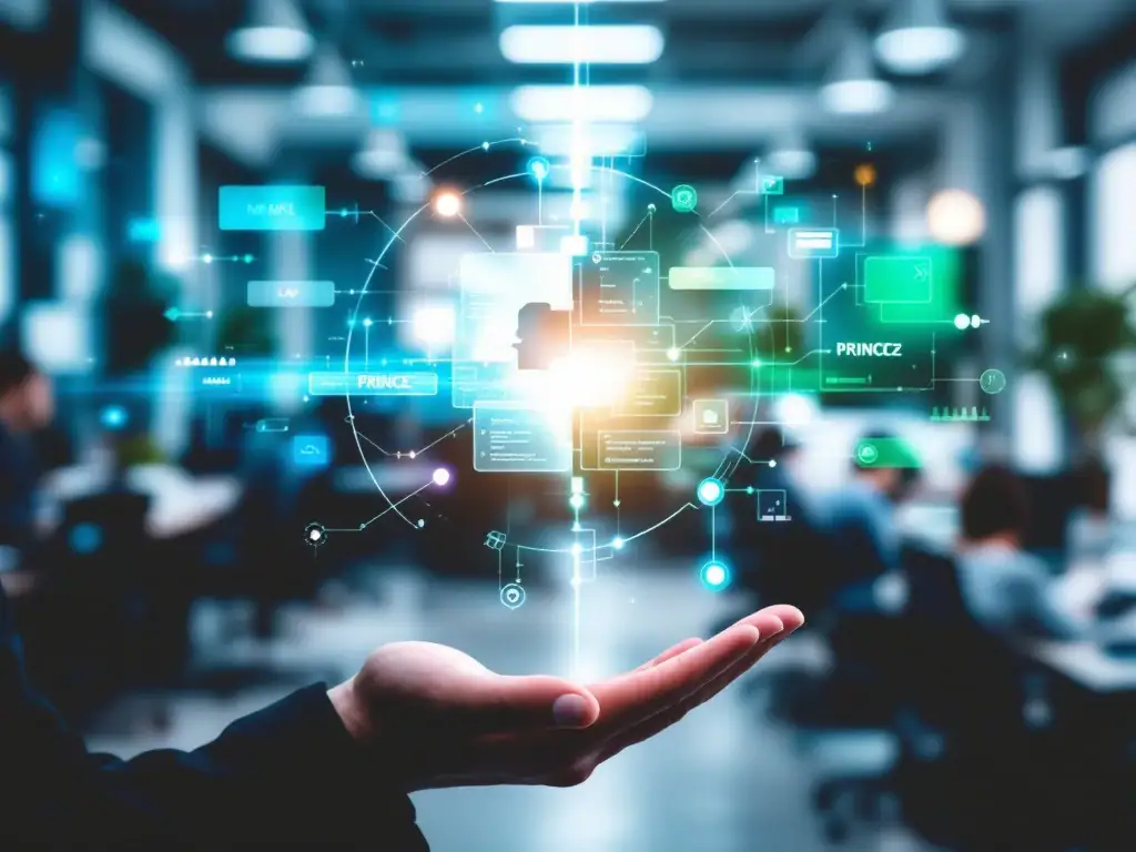 Integratie van traditioneel bedrijfsproces en PRINCE2-methodologie op bureau, met hand die laatste puzzelstuk plaatst en datastromen tussen beide systemen.