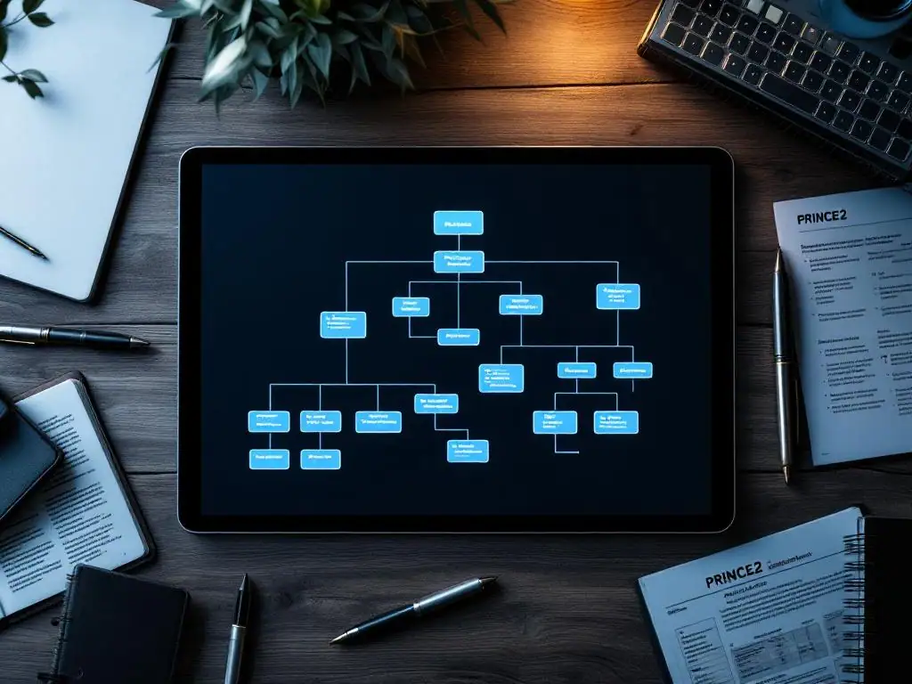 Digitale tablet toont product breakdown structure diagram met blauwe verlichting op modern bureau met PRINCE2 materialen