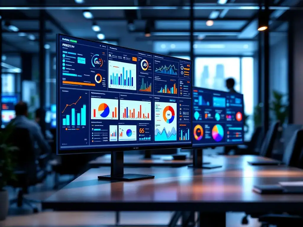Moderne kantooromgeving met grote monitoren die PRINCE2 projectmanagement dashboards tonen met kleurrijke grafieken en voortgangsindicatoren