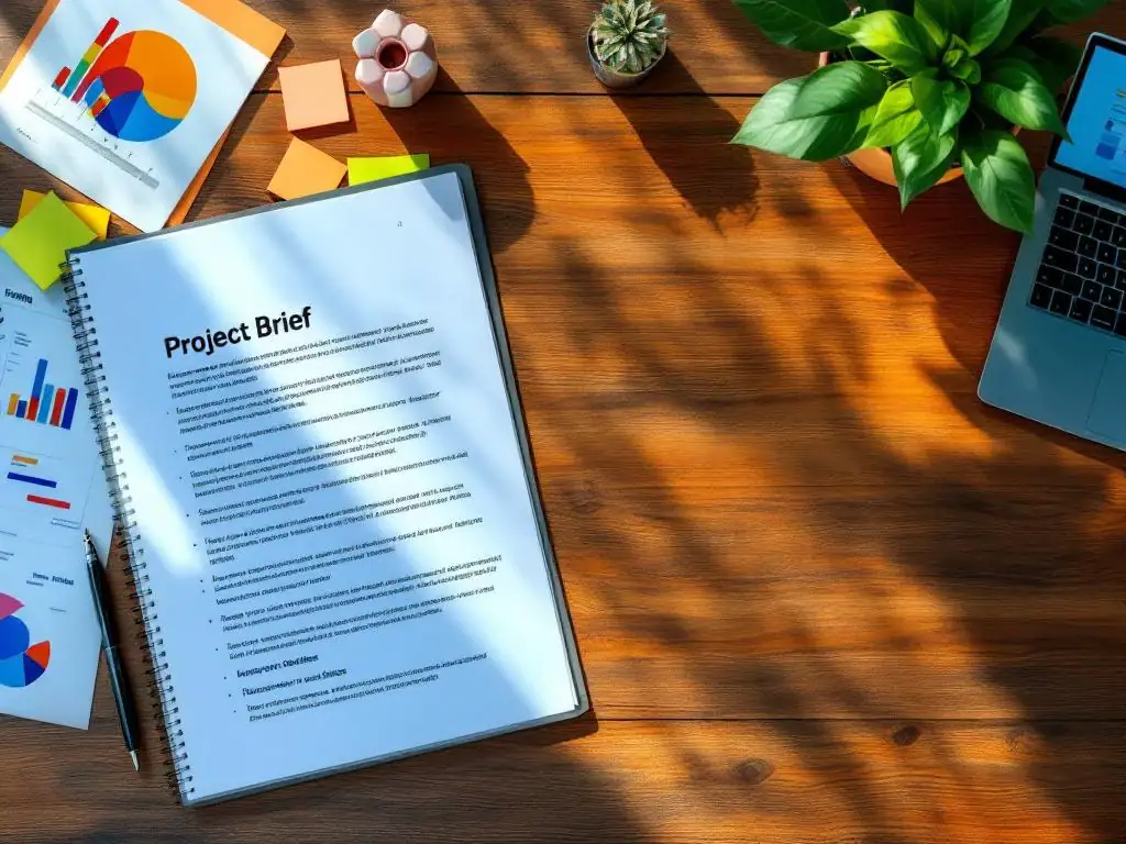 Open projectbrief document op houten bureau met laptop, planning charts en sticky notes in georganiseerde werkruimte