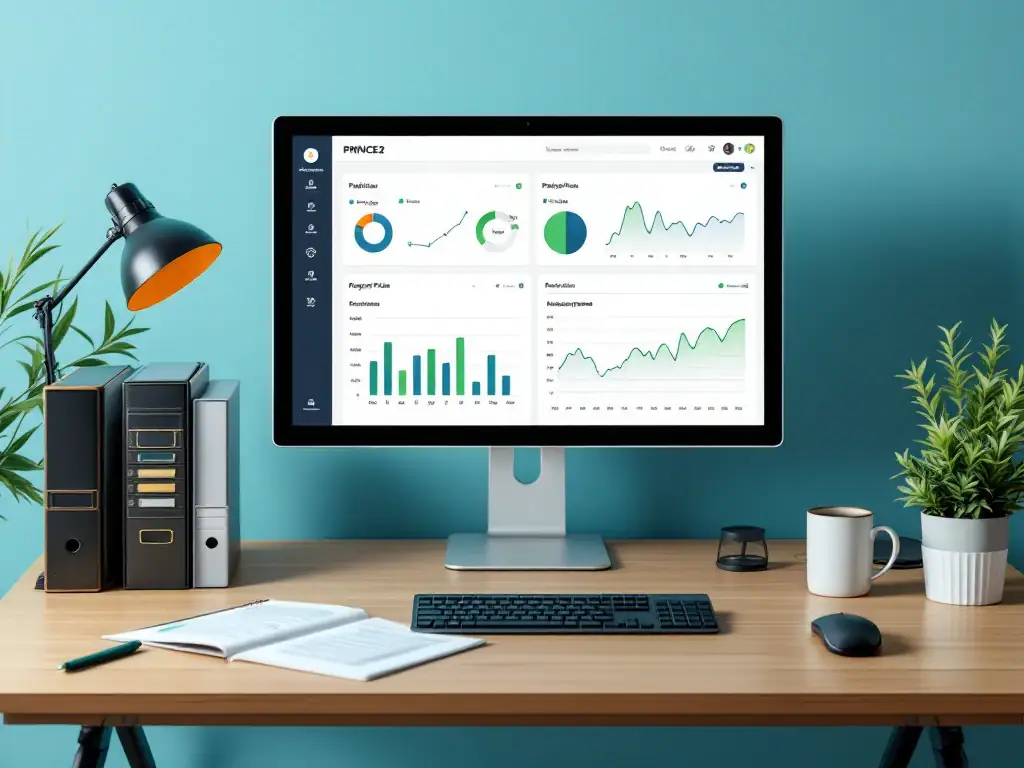 Professionele werkruimte met PRINCE2 projectdashboard, grafieken, projectplan en kompas op bureau in moderne kantooromgeving.