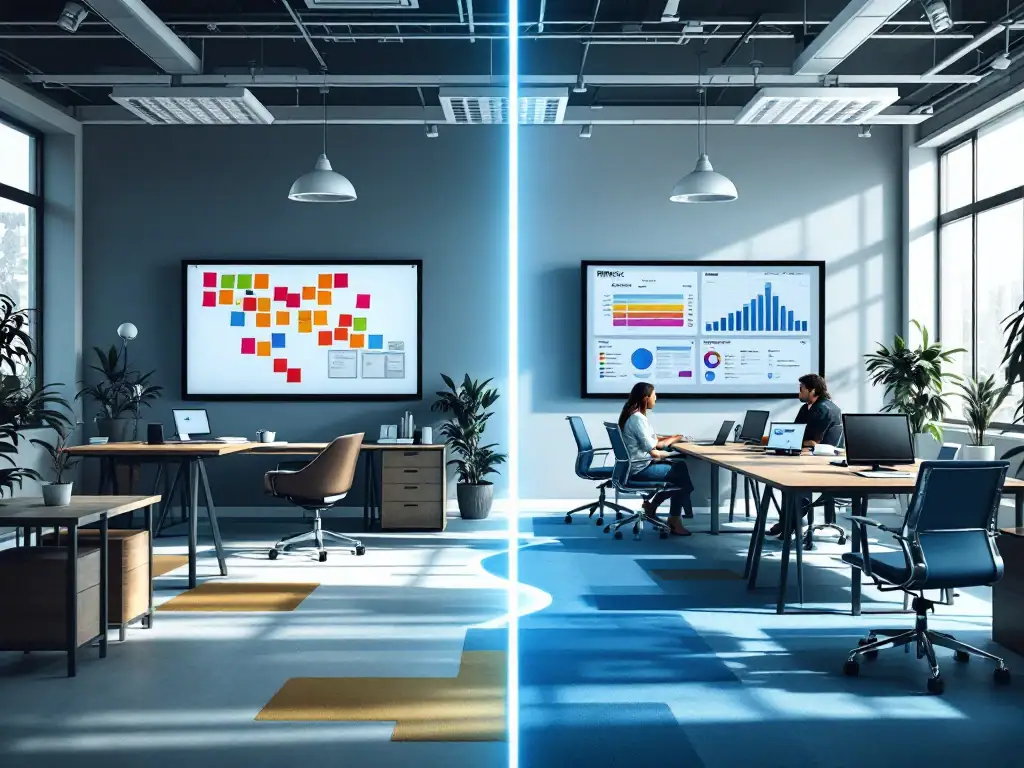 Vergelijking van projectmanagementstijlen: links een agile SCRUM-werkruimte met kanbanbord en informele setting; rechts een formele PRINCE2-omgeving met Gantt-grafieken.